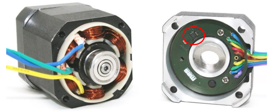 Figure 1: Open BLDC Motor with a MagAlpha on the PCB (Red Circle)